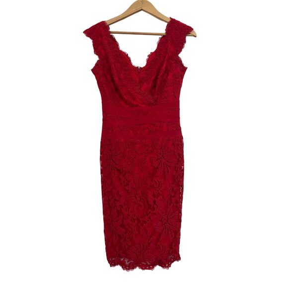Tadashi Shoji Red Lace Cocktail Midi Dress Womens 4 Whimsigoth Romantic Floral - Picture 3 of 16